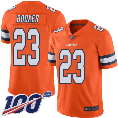 Men Denver Broncos #23 Devontae Booker Limited Orange Rush Vapor Untouchable 100th Season Football NFL Jersey